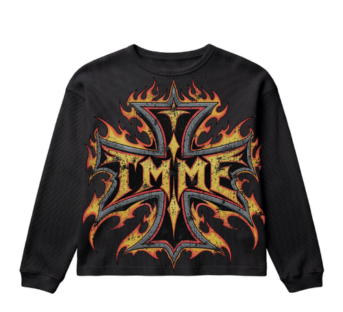 Black Flame Cross Waffle Thermal, front view with chrome TMME flame cross print