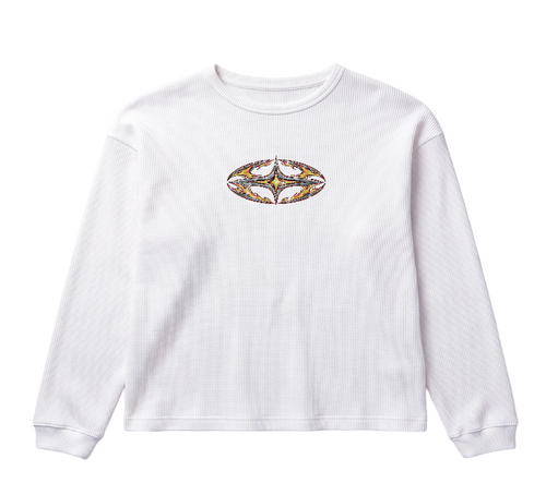 White Flame Cross Waffle Thermal, front view with TMME star-oval emblem at the chest
