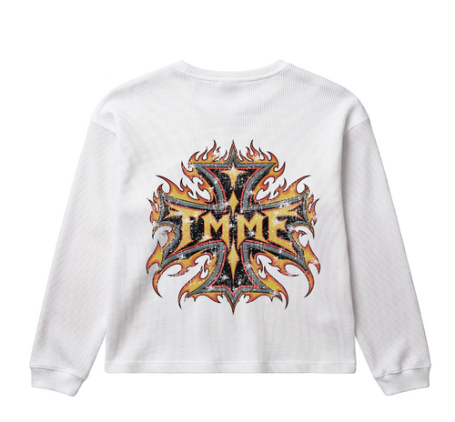 White Flame Cross Waffle Thermal, back view with chrome, gold and red TMME flame cross print