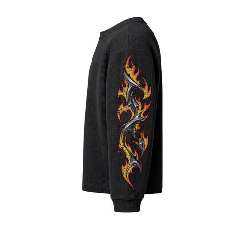 Black Flame Cross Waffle Thermal, opposite sleeve with chrome tribal flame print